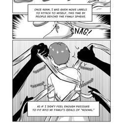 Sample page of Slice 4 from Apple Girl. In this scene, I had shadowy hands bind my character up with derogatory labels. I wanted to show how outside influences were trying to "control and contain" a fat body as most narratives tend to do. *Apple Girl* sample 1